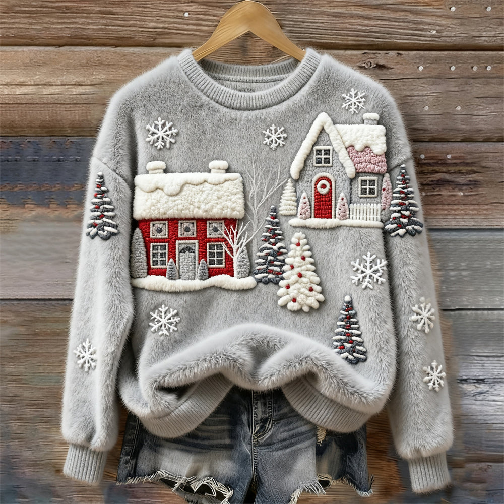 Comstylish Christmas House Art Women's Cozy Plush Sweater