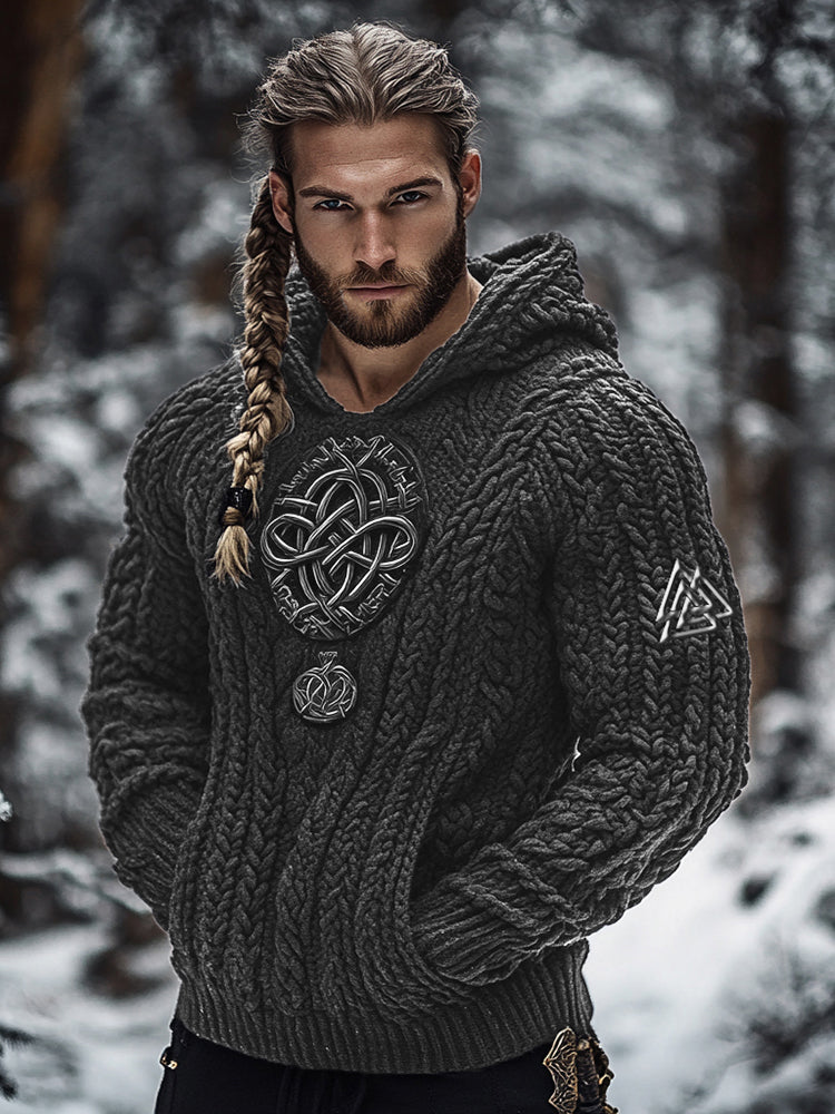 Men's Viking Tribal Jacquard Celtic Inspired Chunky Knit Hooded Sweater elevenforest