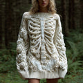 Comstylish Women's Vintage Halloween Skeleton Bones With White Rose Art Cozy Knit Mini Sweater Dress