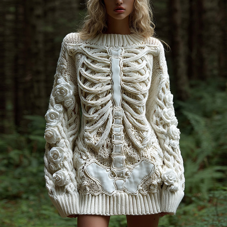 Comstylish Women's Vintage Halloween Skeleton Bones With White Rose Art Cozy Knit Mini Sweater Dress