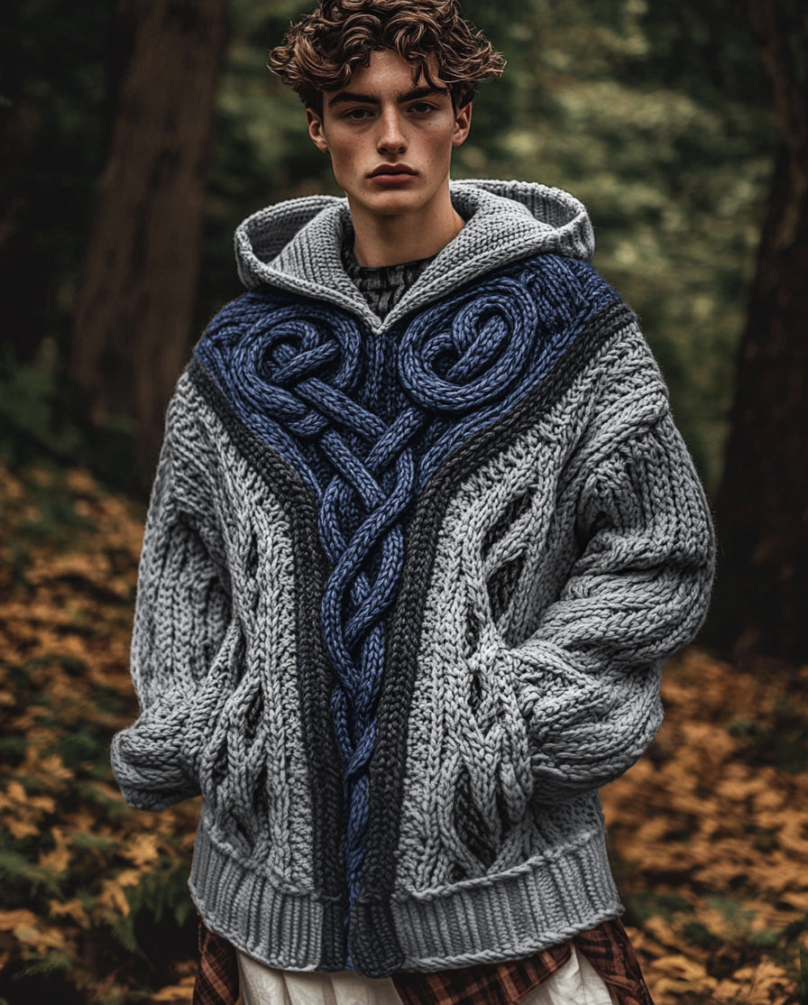 Men's Vintage Irish Celtic Knot Jacquard Mottled Hooded Sweater artswardrobe