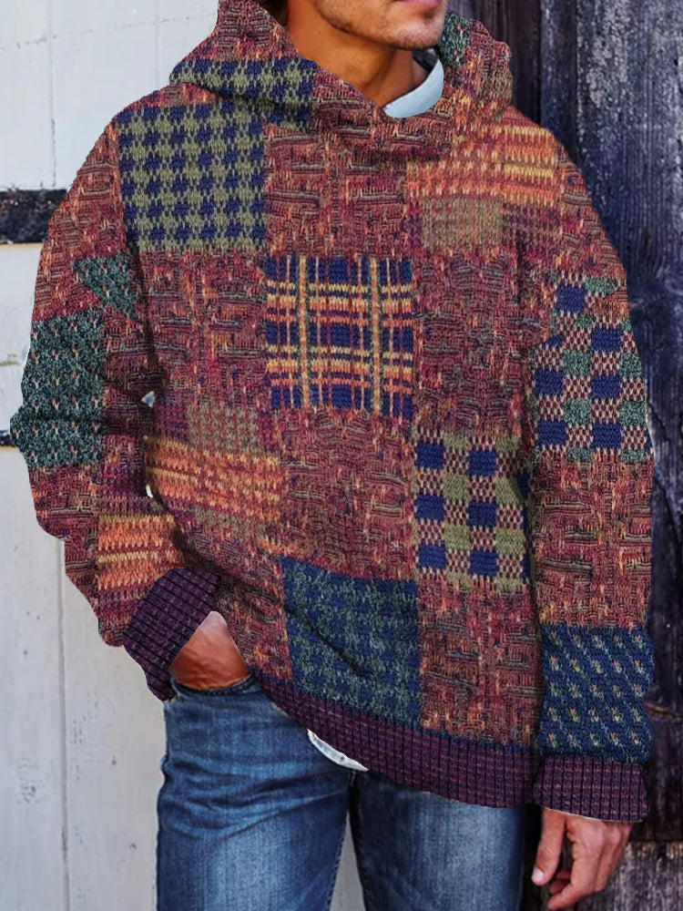 Men's Retro Knit Patchwork Cozy Hooded Sweater artswardrobe