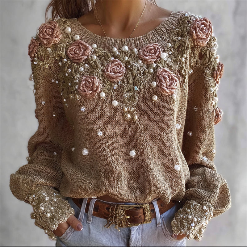 Vintage Classy Roses Pearls Embroidered Cozy Knit Sweater artswardrobe
