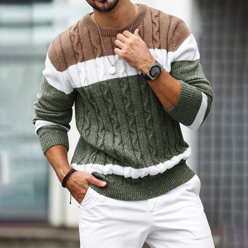 Men'S Retro Patchwork Jacquard Knitting Crew Neck Sweater artswardrobe
