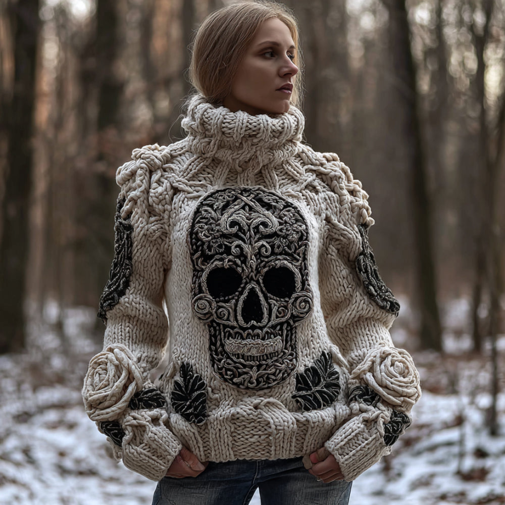 Women's Vintage Patterned Skull And Rose High-neck Sweater artswardrobe