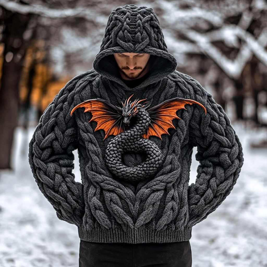 Men's Viking Dragon Style Cozy Knit Hooded Sweater artswardrobe