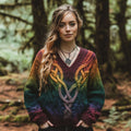 Vintage Rainbow Gradient Celtic Knot Chunky V-neck Aran Sweater artswardrobe