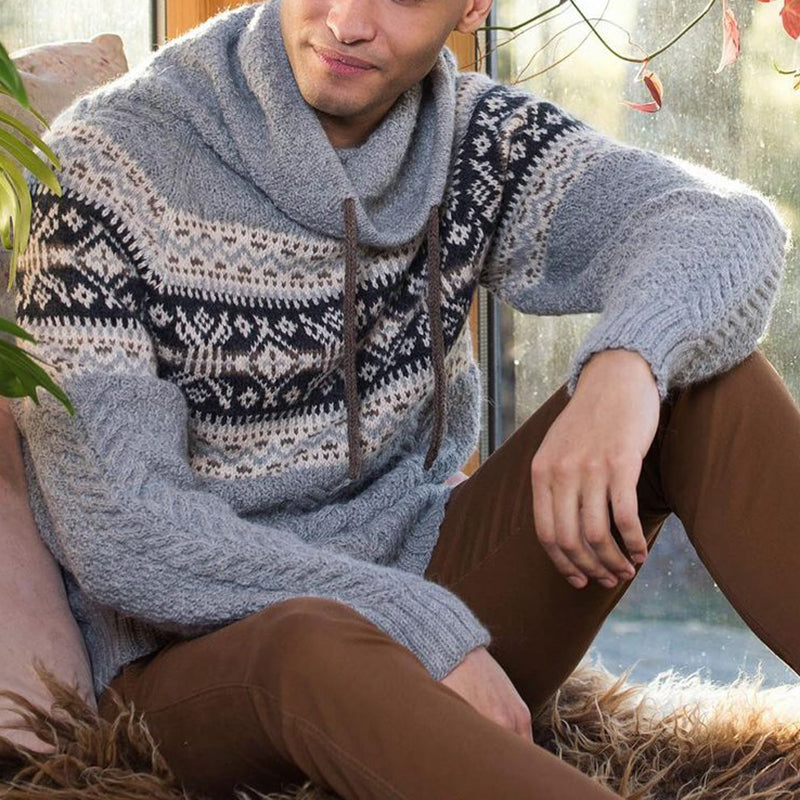 Retro Gray Geometric Knit Hooded Sweater elevenforest