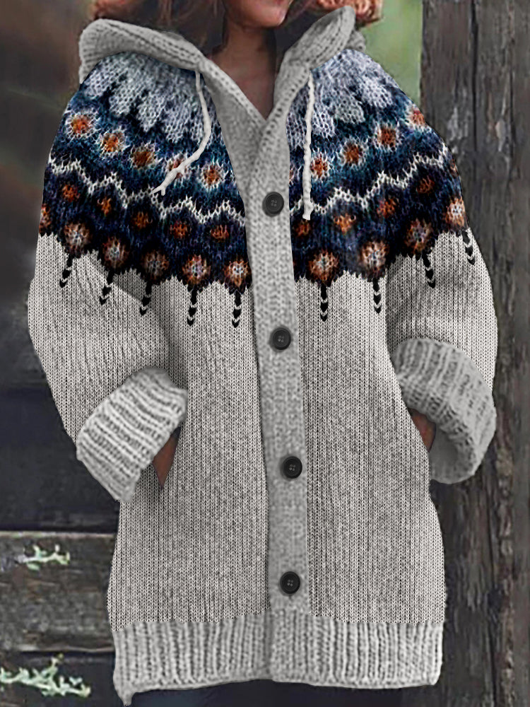Retro Geometric Knitted Button Down Cozy Hoodie Sweater elevenforest