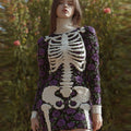Women's Vintage Halloween Skeleton Bones With Rose Art Cozy Knit Mini Sweater Dress artswardrobe