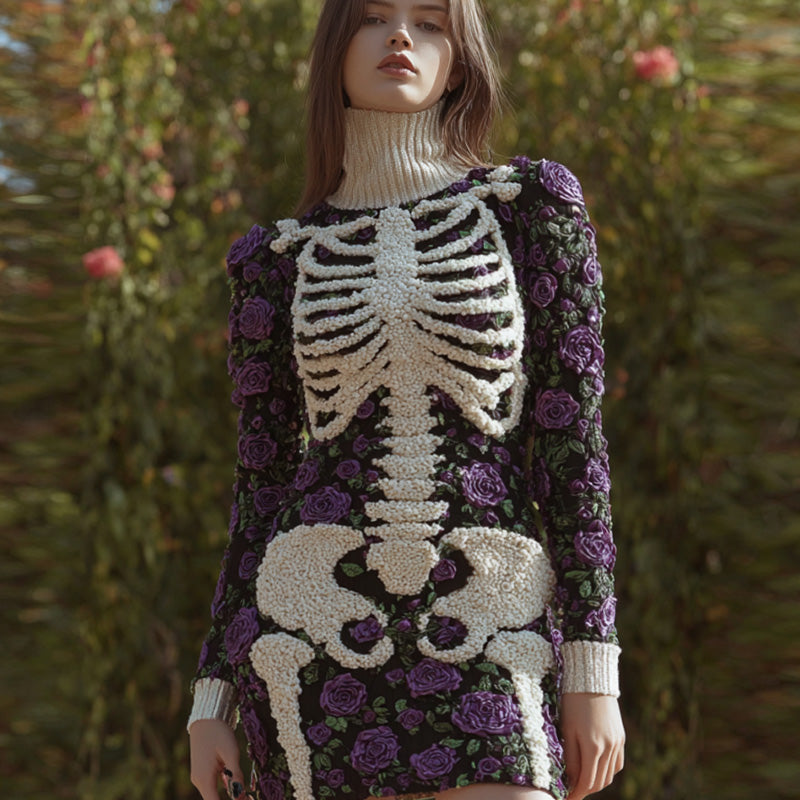 Comstylish Women's Vintage Halloween Skeleton Bones With Rose Art Cozy Knit Mini Sweater Dress