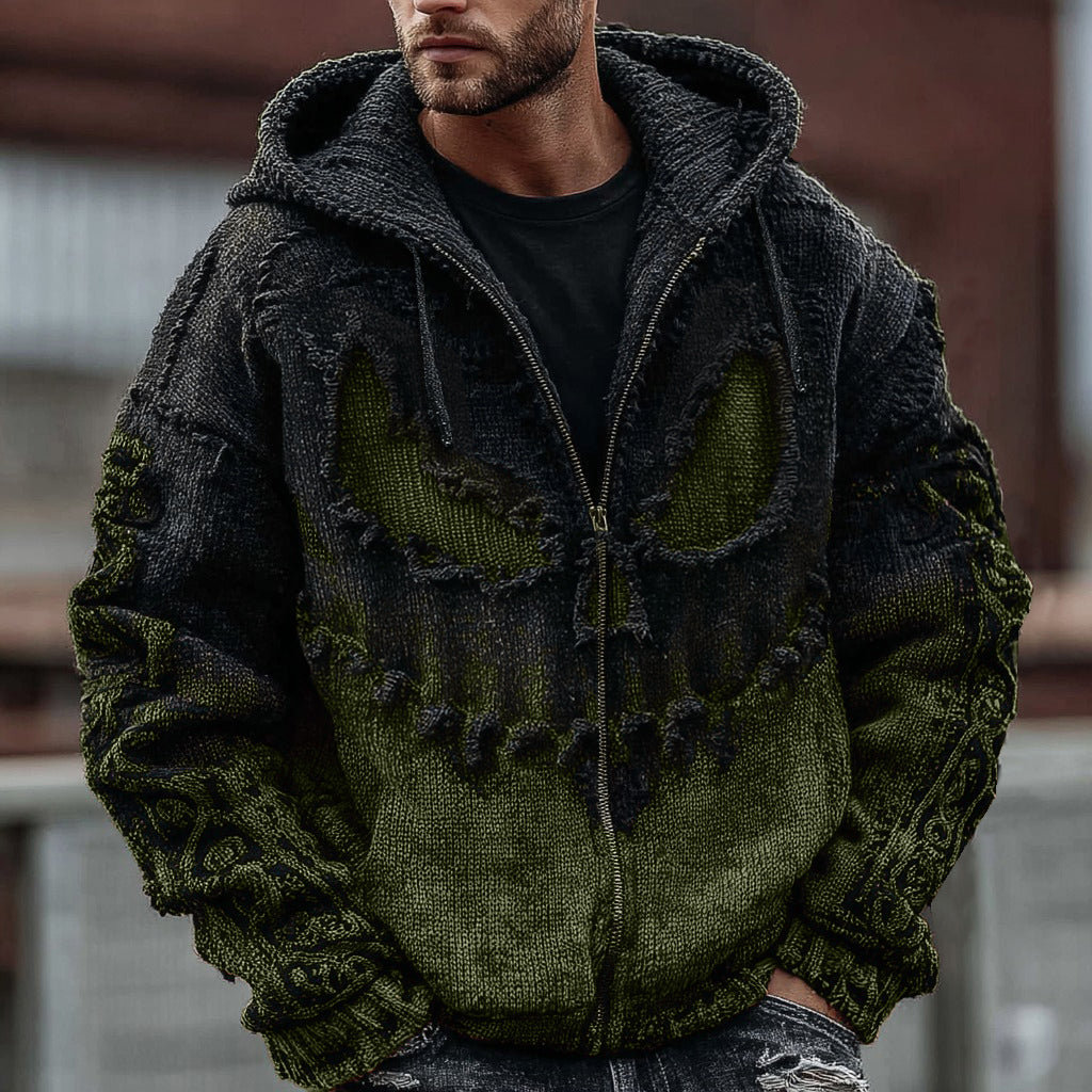 Men's Halloween Spooky Face Gradient Inspired Knitted Distressed Zipper Up Hooded Sweater elevenforest