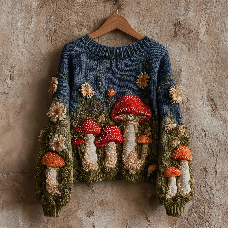 Comstylish Vintage Forest Mushroom Daisy Floral Cozy Knit Sweater