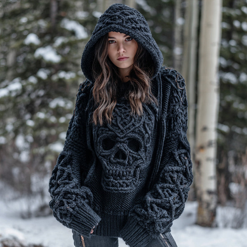 Women' Vintage Viking Tribal Celtic Skull Gradient Art Chunky Knit Hooded Sweater artswardrobe