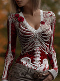 Classy Skeleton Bloody Roses V Neck Comfy Sweater artswardrobe