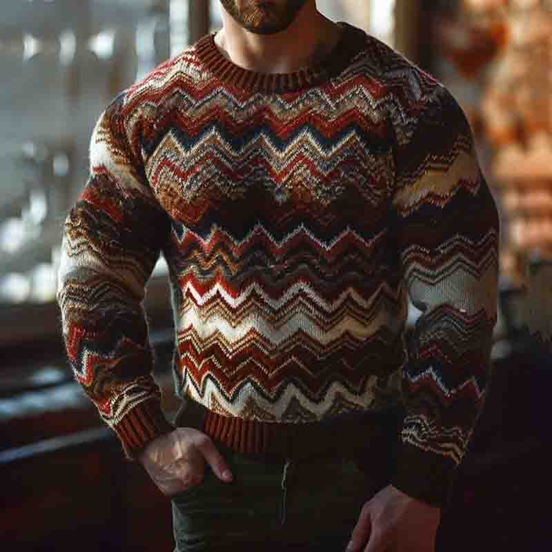 Men's Vintage Geometry Rainbow Art Knitted Crew Neck Sweater artswardrobe