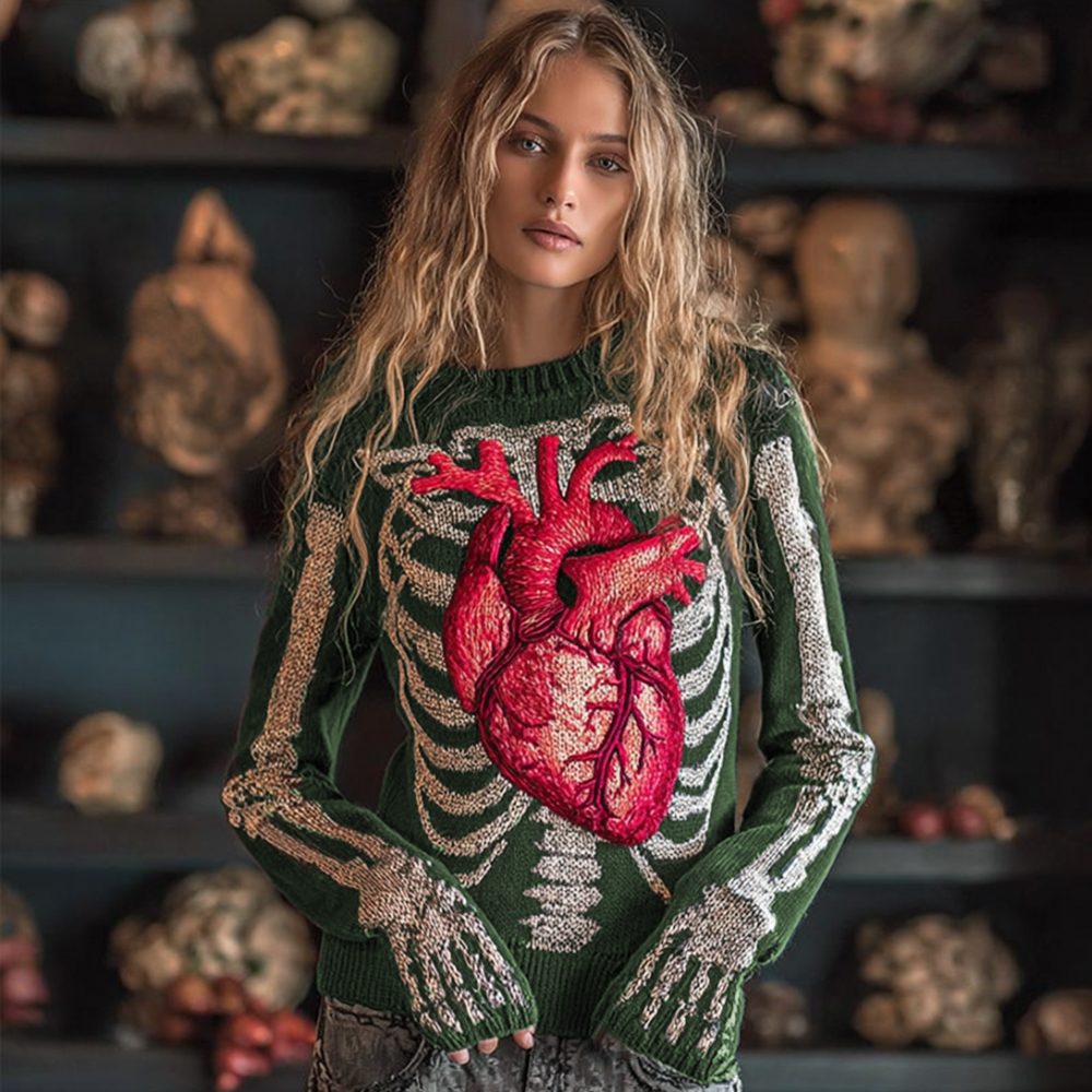Women Halloween Human Bones Beating Red Heart Embroidery Antique Round Neck Sweater artswardrobe