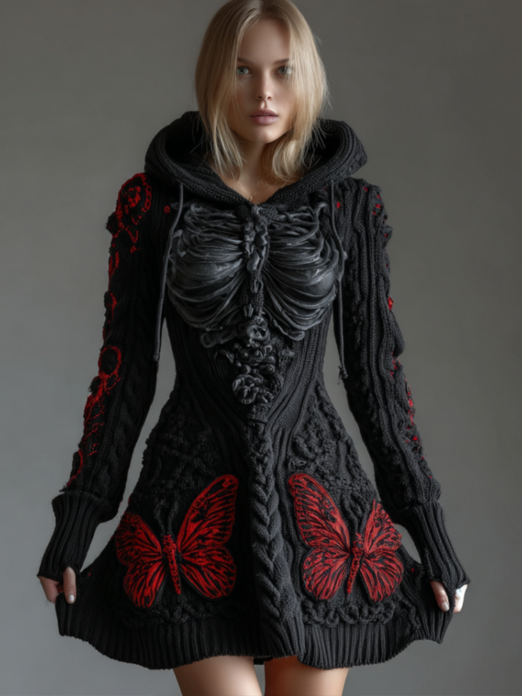 Comstylish Halloween Blood Butterfly Women's Knit Sweater Dress