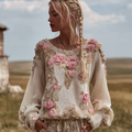 Bohemian Style Round Neck Long Sleeve 3d Floral Design Women's Sweater artswardrobe