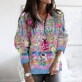 Vintage Floral Print Zipper Knitted Cozy Pullover Sweater artswardrobe