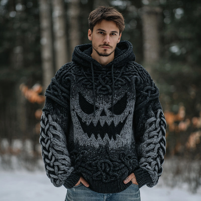 Men's Halloween Spooky Face Gradient Inspired Knitted Cozy Hooded Sweater artswardrobe