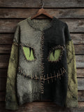 Halloween Black Cat Face Contrast Stitched Cozy Knit Sweater elevenforest