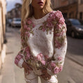 Comstylish Women's Vintage Rose Embroidery Knitted Crew Neck Sweater