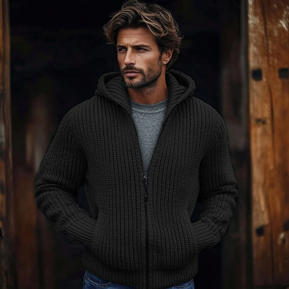 Men's Vintage Solid Color Zip Pocket Hooded Sweater elevenforest