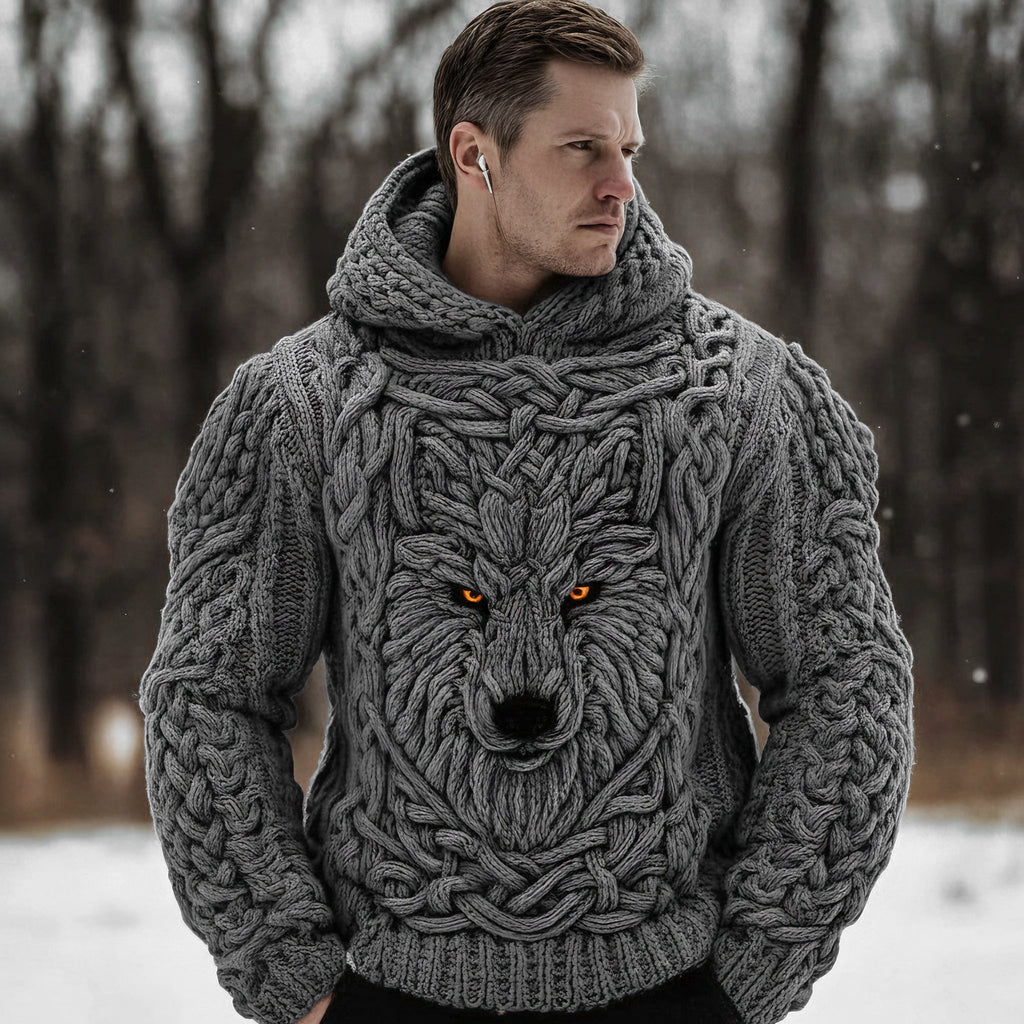 Men's Viking Celtic Wolf Knit Chunky Hooded Sweater artswardrobe