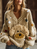 Comstylish Lady Retro Cute Dog Plush Comfortable Knitted Sweater.