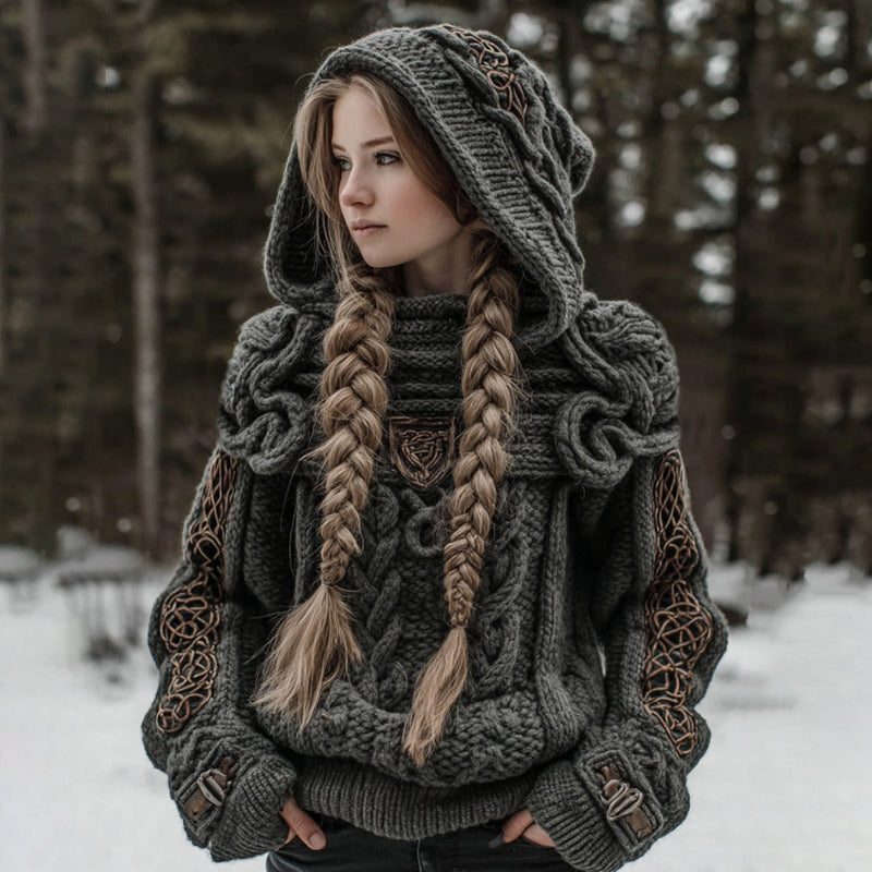 Women's Vintage Celtic Knot Art Knit Cozy Hooded Sweater elevenforest