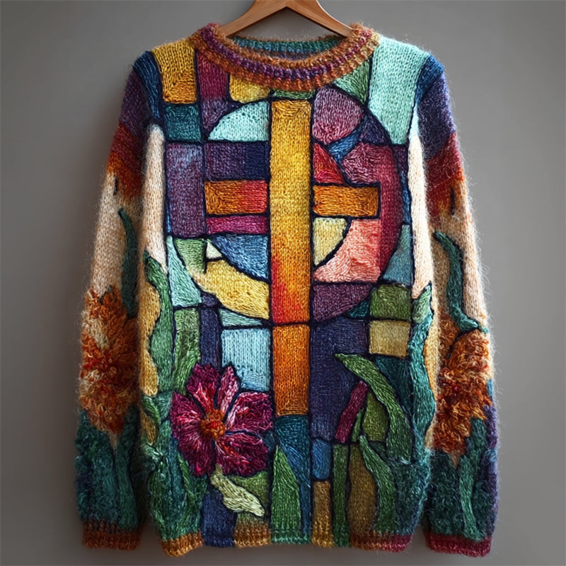 Comstylish Christian Cross Floral Geometric Colorblock Cozy Knit Sweater