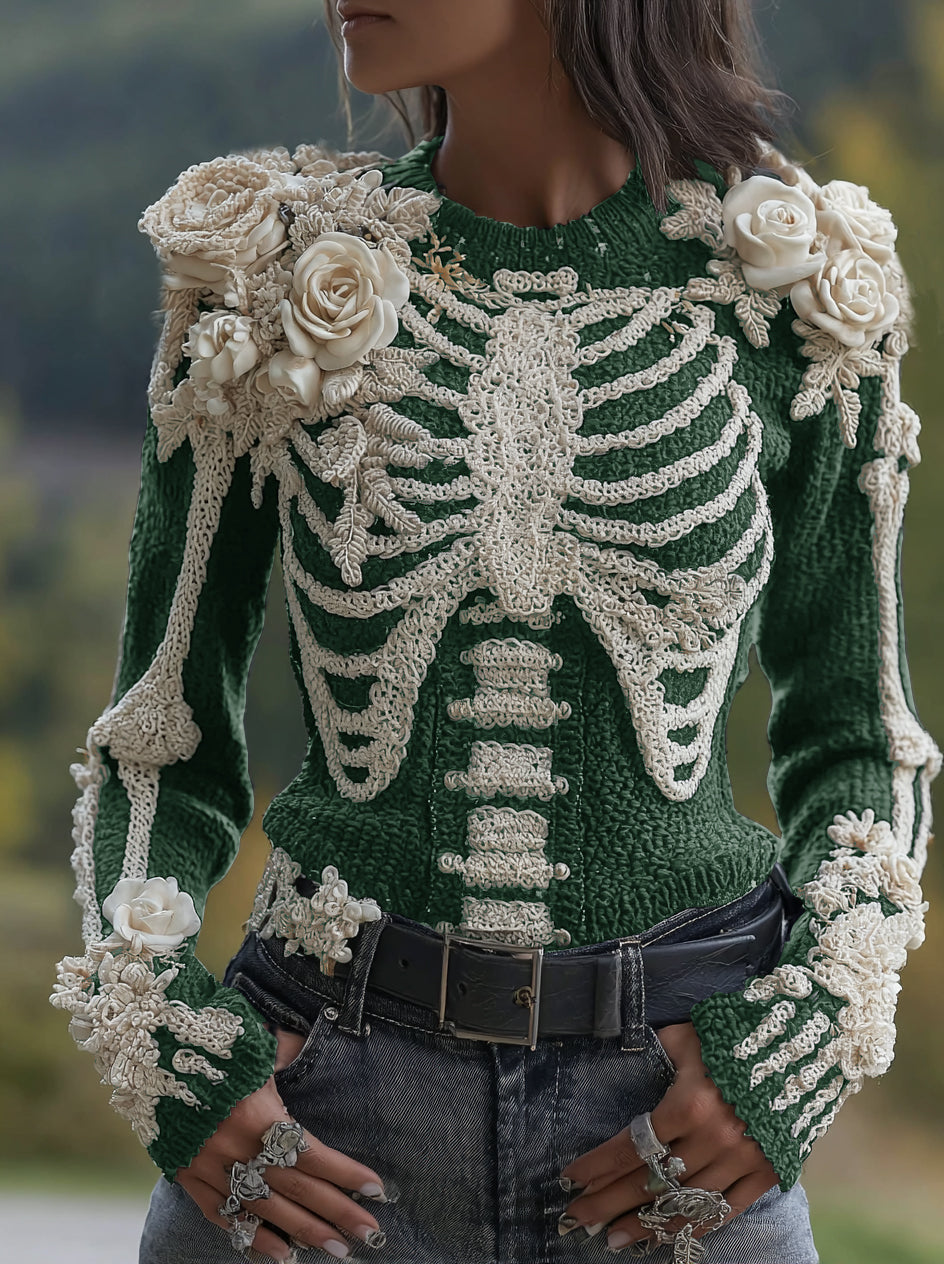 Women's Halloween Skeleton Bones With Roses Art Knitted Warm Sweater artswardrobe