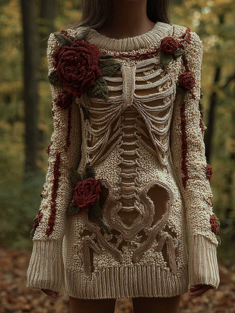 Comstylish Women's Halloween Skeleton Art Red Rose Embroidery Vintage Round Neck Sweater