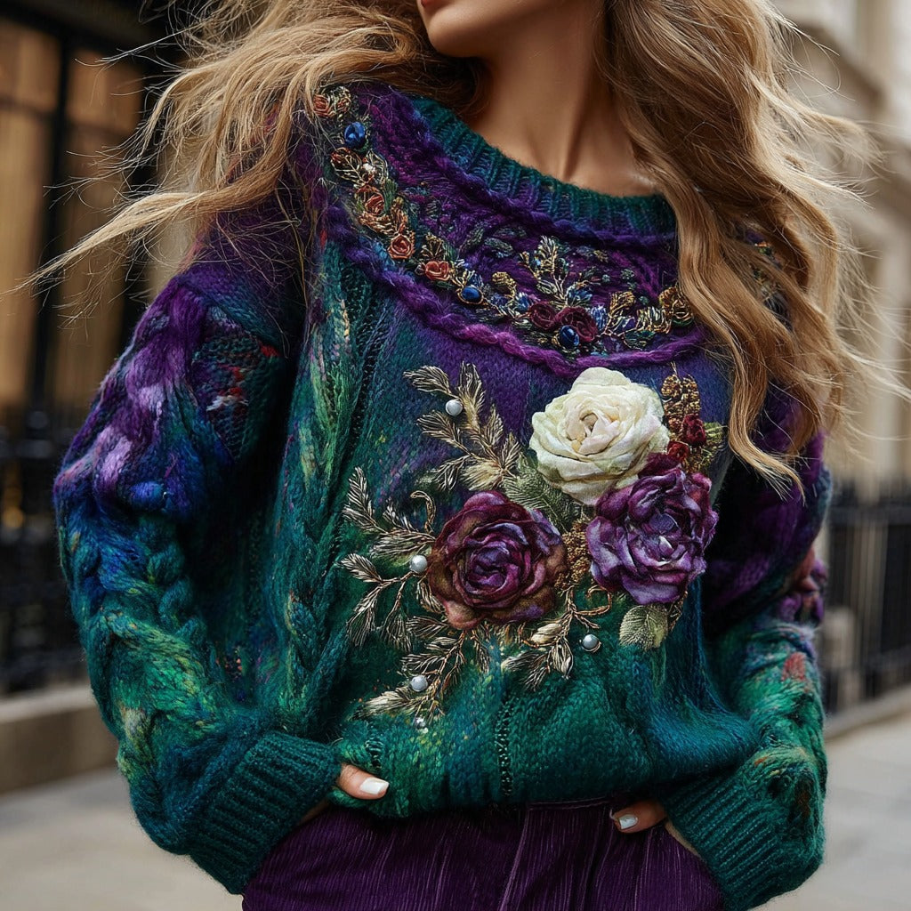 Women's Retro Rose Gradient Knitted Warm Crew Neck Sweater artswardrobe