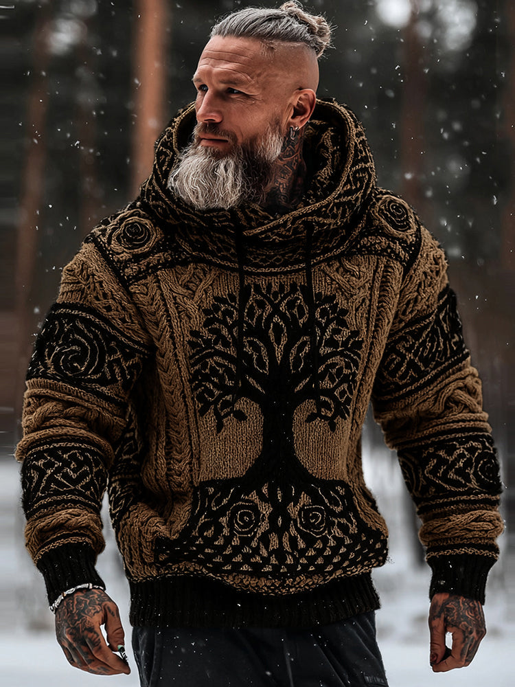 Men's Viking Tribal Jacquard Celtic With Rose And Tree Of Life Inspired Chunky Knit Hooded Sweater artswardrobe