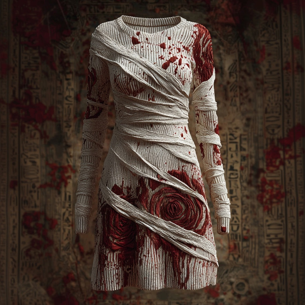 Comstylish Vintage Bloody Bandages Roses Cozy Knit Sweater Dress