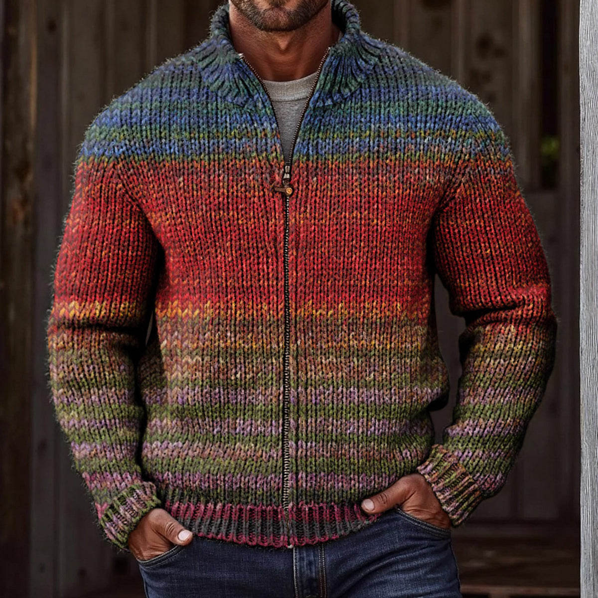 Men's Vintage Gradient Knitted Jacquard Zip Cozy Sweater artswardrobe