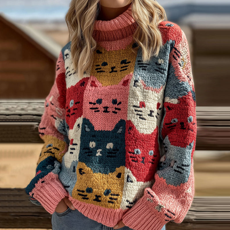Comstylish Colorful Cat Embroidered Art Cozy Knitted Turtleneck Sweater