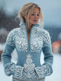 Comstylish Vintage Snowflakes Christmas Celtic Cozy Knit Zip Up Sweater