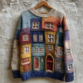 Colorful Street Building Patchwork Cozy Knit Sweater artswardrobe
