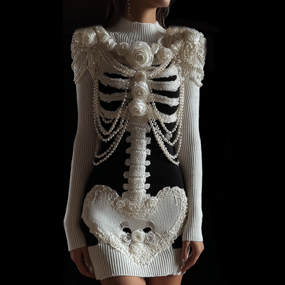 Comstylish Women's Retro Halloween Line Art Knitted Warm Sweater Dress