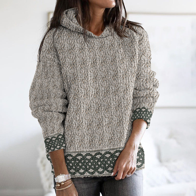 Women'S Celtic Knotted Creative Patchwork Hooded Aran Sweater artswardrobe
