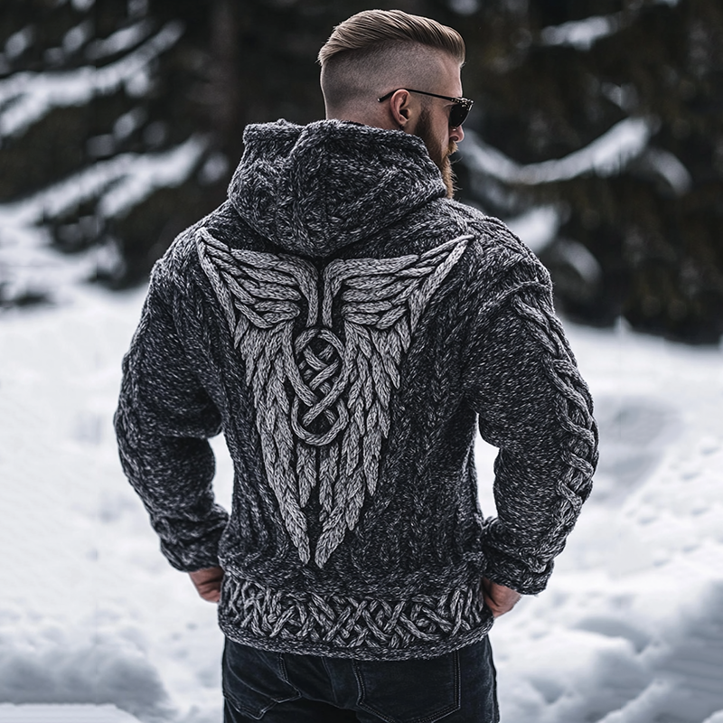 Men's Viking Tribal Hawk Wings Celtic Chunky Knit Hooded Sweater artswardrobe