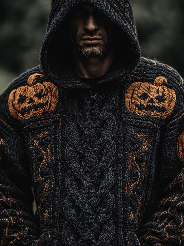 Men's Vintage Halloween Pumpkin Jacquard Chunky Hooded Sweater elevenforest
