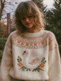Comstylish Vintage Swan & Floral Pattern Cozy Knit Isle Sweater