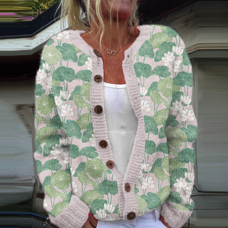 Vintage Water Lily Art Knitted Jacquard Sweater artswardrobe