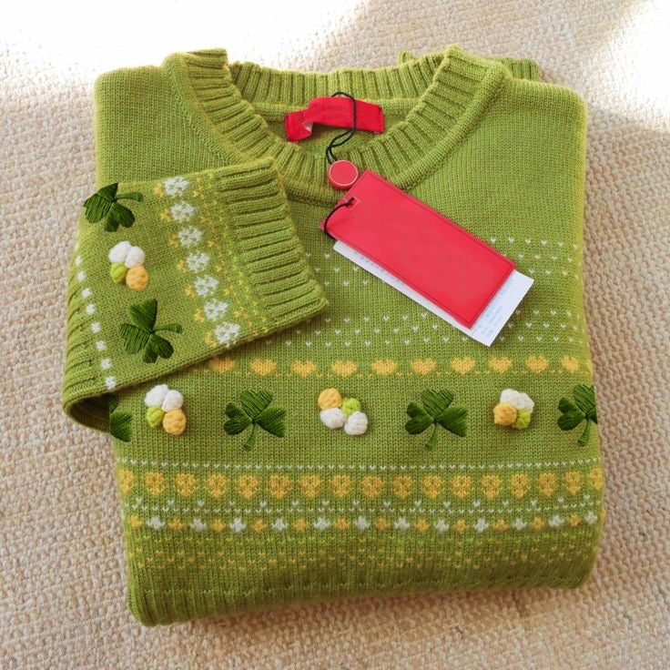 Women'S St. Patrick'S Irish Shamrock Embroidery Jacquard Knitted Sweater artswardrobe
