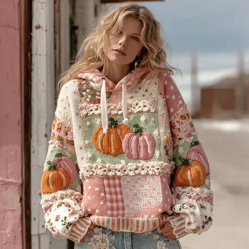 Comstylish Women's Colorful Pumpkin Knit Colorblock Cozy Hooded Sweater