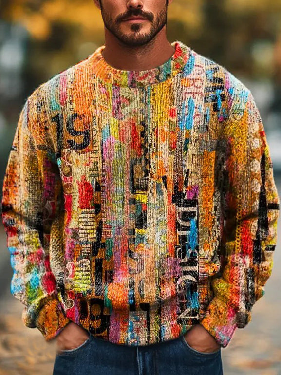 Men's Colorful Abstract Art Print Knitted Crew Neck Sweater artswardrobe